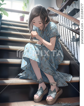 A girl in a dress crouching on the stairs "AI generated image" A girl in a dress crouching on the stairs "AI generated image" 101884577
