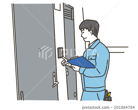 一名工人在入口前推著對講機 101884784