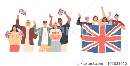 Group of people holding the British flags. Learn English Group of people holding the British flags. Learn English 101885010