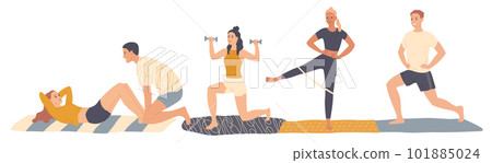 Sport exercising at home. People doing workout indoor. Man, woman performing sports activities, fitness workout. Sport exercising at home. People doing workout indoor. Man, woman performing sports activities, fitness workout. 101885024