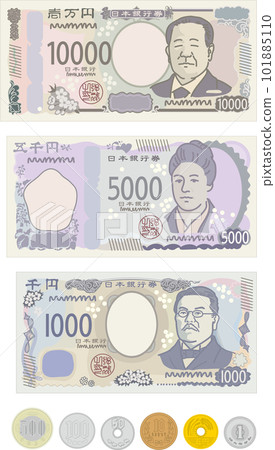Japanese money _ new banknotes and coins issued in 2024 _ alignment 101885110