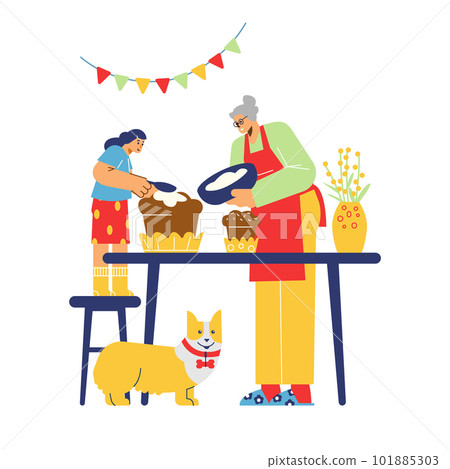 Grandma and child making Easter festive cakes, flat cartoon vector illustration. 101885303