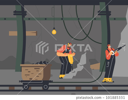 Miners work in mine with industrial equipment, flat vector illustration. 101885331