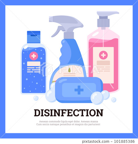 Disinfection poster template with antiseptic bottles and soap, flat vector illustration. 101885386