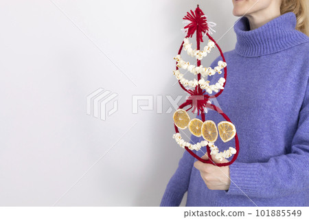 Female Survakari Holds Survaknitsa Or Survachka, Curled Branch Of Cornel Tree, Decorated With Popcorn, Dried Fruits, On Christmas Day, Wishing Well For New Year. Copy Space For Text. Horizontal Female Survakari Holds Survaknitsa Or Survachka, Curled Branch Of Cornel Tree, Decorated With Popcorn, Dried Fruits, On Christmas Day, Wishing Well For New Year. Copy Space For Text. Horizontal 101885549