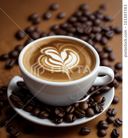 Cappuccino in a cup with coffee beans on a wooden table 101885563