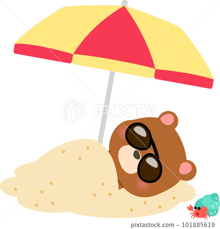 Bear character taking a sand bath on the beach 101885619