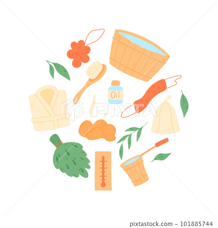 Set of bath elements in flat style. vector illustration. Bath collection. Sauna poster. 101885744