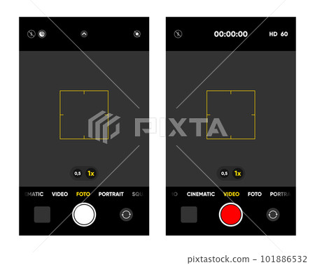 Camera interface on smartphone screen. Photo, video ui in mobile phone. Application for recording. Photo and video shooting. Viewfinder, focus and button record. Vector illustration. Camera interface on smartphone screen. Photo, video ui in mobile phone. Application for recording. Photo and video shooting. Viewfinder, focus and button record. Vector illustration. 101886532