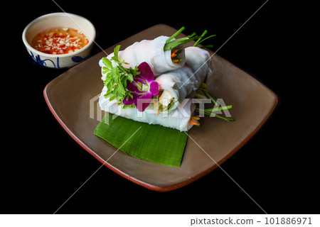 Vietnamese Pho spring roll with seafood, tofu, vegetables isolated on black background for a menu 101886971