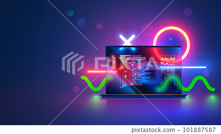 Vector laptop with open screen on desk front view. Computer program code on screen laptop on table, abstract neon geometrical design elements. Programming, coding, software development concept banner. 101887587