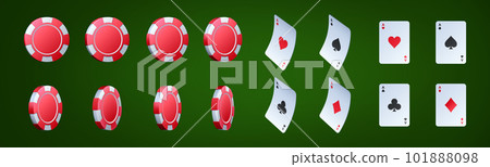Red casino chip and ace card rotating vector set Red casino chip and ace card rotating vector set 101888098