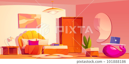 Groovy bedroom interior with daisy flower carpet Groovy bedroom interior with daisy flower carpet 101888186