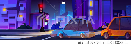 Night city road red traffic light and stop car Night city road red traffic light and stop car 101888231