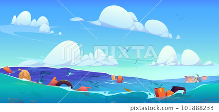Trash floating on water surface in open sea 101888233