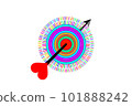 An arrow with a heart feather hits the target 101888242