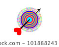 An arrow with a heart feather hits the target 101888243