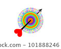 An arrow with a heart feather hits the target 101888246