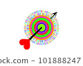 An arrow with a heart feather hits the target 101888247