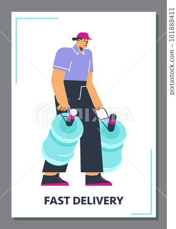 Water delivery man carrying two gallons of clean water, poster template - flat vector illustration. Water delivery man carrying two gallons of clean water, poster template - flat vector illustration. 101888411