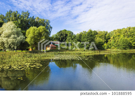 Summer village landscape with lake on a sunny day Summer village landscape with lake on a sunny day 101888595