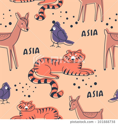 Asian animals, tiger and avian bird seamless print 101888738