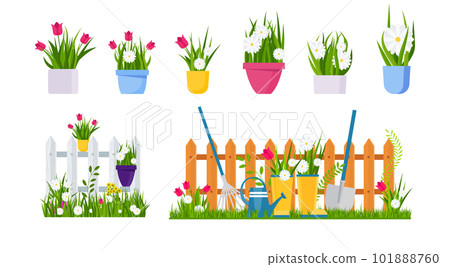 Spring garden. Flower bed, seedlings at the fence. 101888760