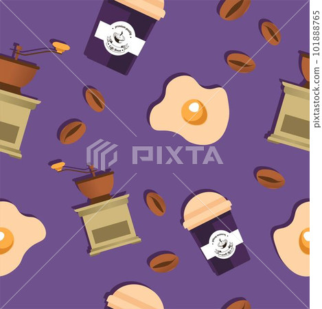 Hot coffee beverage and beans, seamless pattern 101888765