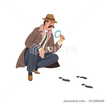 Detective looking at human footprint on floor Detective looking at human footprint on floor 101888886