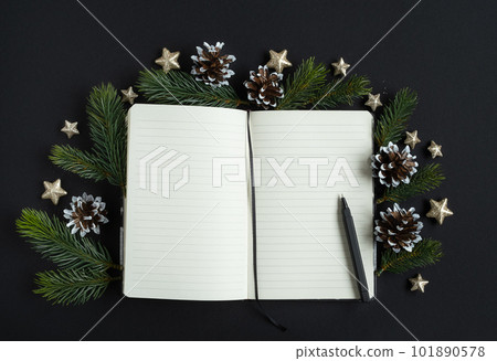 Open diary for plans for the new year with pen decorated with spruce branches Open diary for plans for the new year with pen decorated with spruce branches 101890578