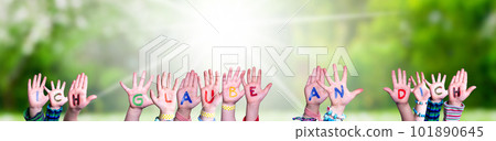 Children Hands Building Ich Glaube An Dich Means I Believe In You, Grass Meadow 101890645