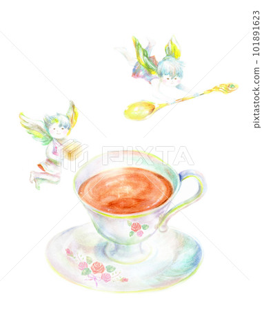 A fairy trying to put sugar and a spoon into a teacup watercolor A fairy trying to put sugar and a spoon into a teacup watercolor 101891623