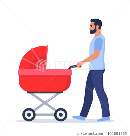 Young daddy walks with a baby in a stroller. Man with newborn son or daughter on walk in baby carriage. Vector illustration. 101891865