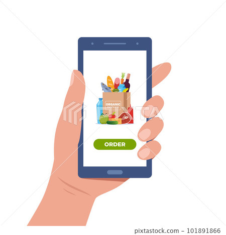 Online food ordering from supermarket using mobile app. Smartphone screen with order button and paper bag icon full of products. Online store concept for infographics, web design. Vector illustration. 101891866