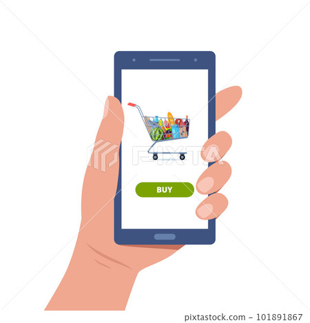 Online food ordering from supermarket using mobile app. Smartphone screen with order button and store cart full of products. Online store concept for infographics, web design. Vector illustration. Online food ordering from supermarket using mobile app. Smartphone screen with order button and store cart full of products. Online store concept for infographics, web design. Vector illustration. 101891867