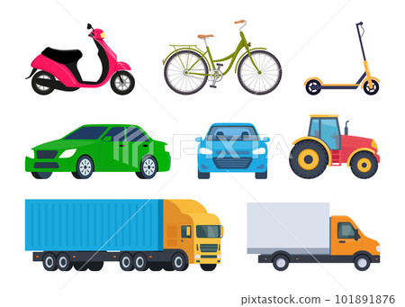 Vehicles, set. Car, bicycle, moped, electric scooter, truck, tractor. Vector illustration in flat style. Vehicles, set. Car, bicycle, moped, electric scooter, truck, tractor. Vector illustration in flat style. 101891876