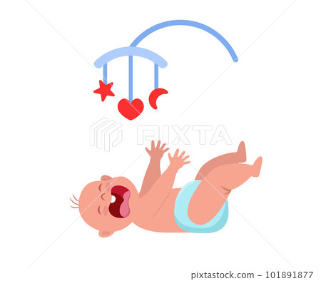 Little baby crying hesterically. Crying baby lies and pulls up the handles. Little kid being unhappy. Baby bed carousel toy above him. Vector Illustration. 101891877