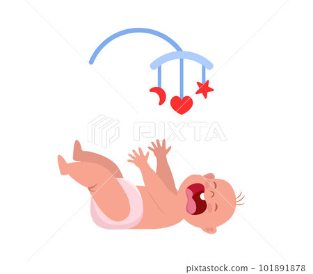 Little baby crying hesterically. Crying baby lies and pulls up the handles. Little kid being unhappy. Baby bed carousel toy above him. Vector Illustration. 101891878