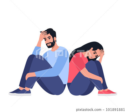 Exhausted man and woman sitting on the floor, hugging their knees. Tired couple. Young people needs psychological help. Vector illustration. Exhausted man and woman sitting on the floor, hugging their knees. Tired couple. Young people needs psychological help. Vector illustration. 101891881
