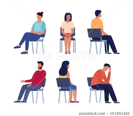 People are sitting on chairs. Men and women sit in different poses on chairs turned from different sides. Vector set. People are sitting on chairs. Men and women sit in different poses on chairs turned from different sides. Vector set. 101891882