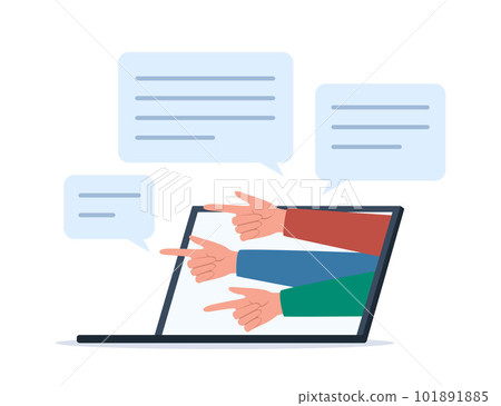 Cyber bullying. Hands with index fingers pointing from laptop's screen. Opinion and the pressure of society. Shame. Vector illustration. 101891885