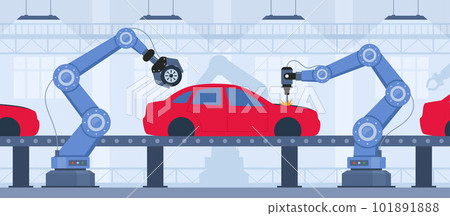 Process of automated car production. Wehicle parts on the machinery line with robotic hands. Assembly line at an automobile factory. Vector illustration. 101891888