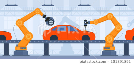 Process of automated car production. Wehicle parts on the machinery line with robotic hands. Assembly line at an automobile factory. Vector illustration. 101891891