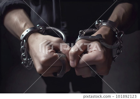 Handcuffed man in a jail, conceptual image of crime and punishment. Generative AI 101892123
