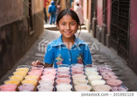Asian child girl eating ice cream at street food market. Generative AI 101892128