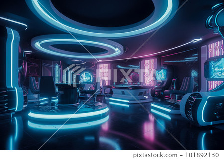 Spaceship interior with blue neon lights. Generative AI Spaceship interior with blue neon lights. Generative AI 101892130