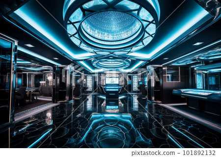 Spaceship interior with blue neon lights. Generative AI 101892132