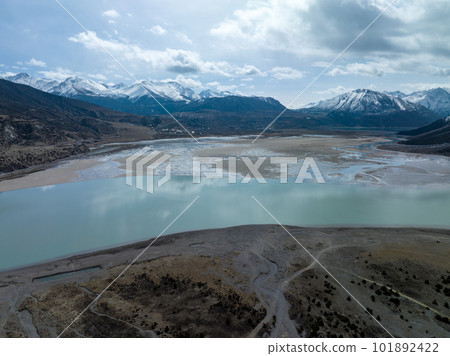 Aerial view of beautiful snow mountains and lake in Tibet,China Aerial view of beautiful snow mountains and lake in Tibet,China 101892422