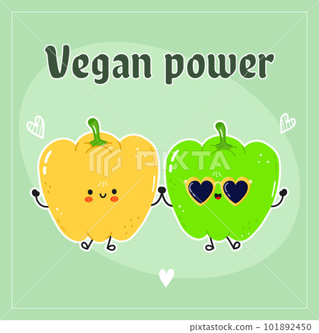 Yellow bell pepper and green bell pepper card. Vector hand drawn doodle style cartoon character illustration icon design. Happy Yellow bell pepper and green bell pepper friends concept card 101892450