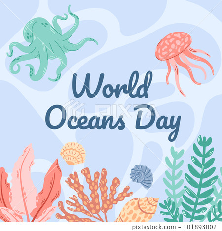 Banner for the celebration of world ocean day, with an illustration of a turtle and a jellyfish on the seabed with caralas and shells. Banner for the celebration of world ocean day, with an illustration of a turtle and a jellyfish on the seabed with caralas and shells. 101893002